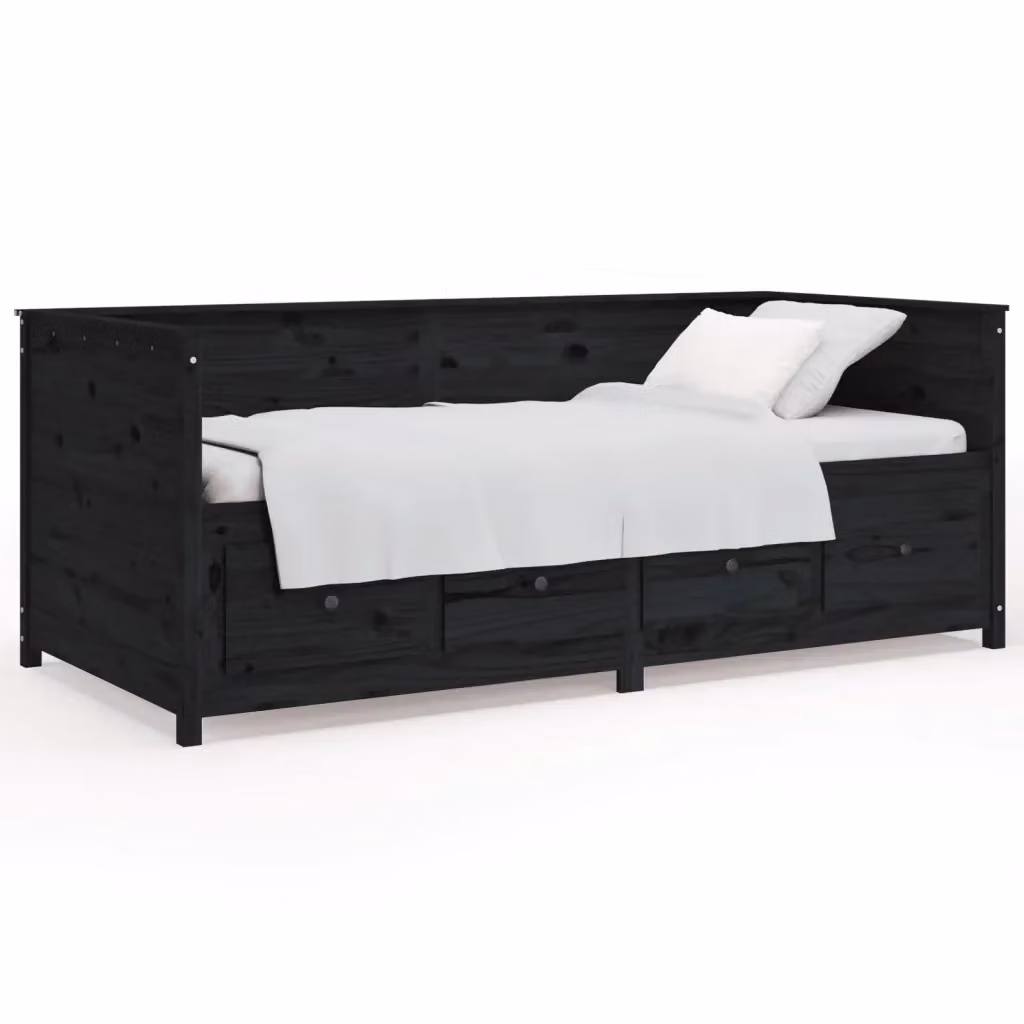 vidaXL Letto Singolo Nera in Legno Massello di Pino con Cassetti L/P/H: 200 x 90 x 80 cm – 2