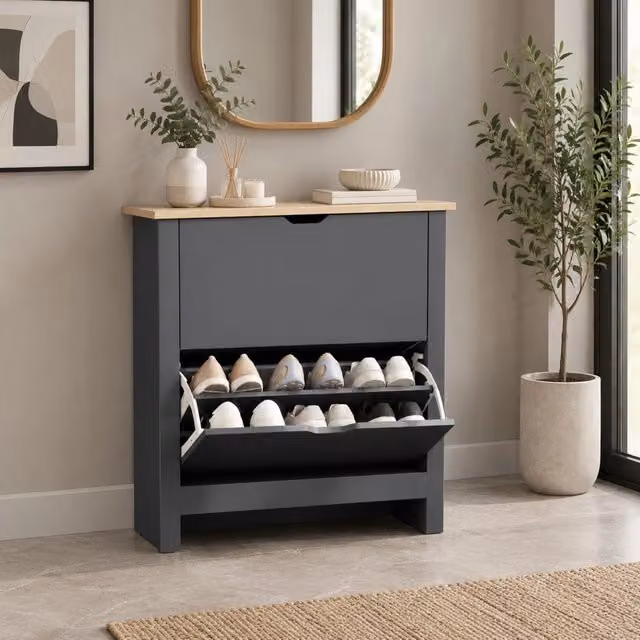 Scarpiera 72x26x80 cm con 2 cassetti a ribalta in legno grigio scuro