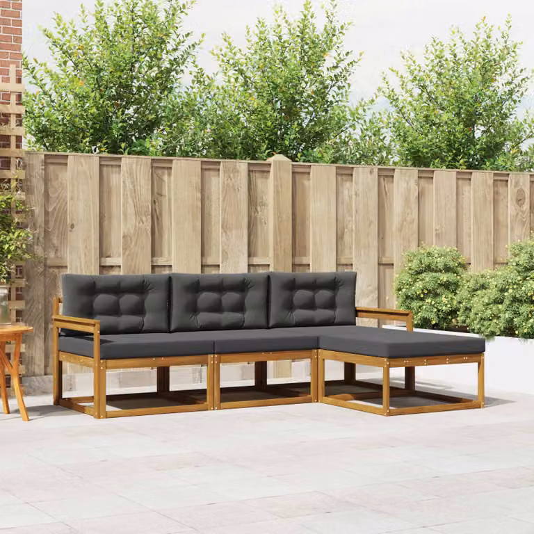 vidaXL Set di divani da esterno 4 pz in legno di acacia con cuscini, forma a L, Marrone e Antracite