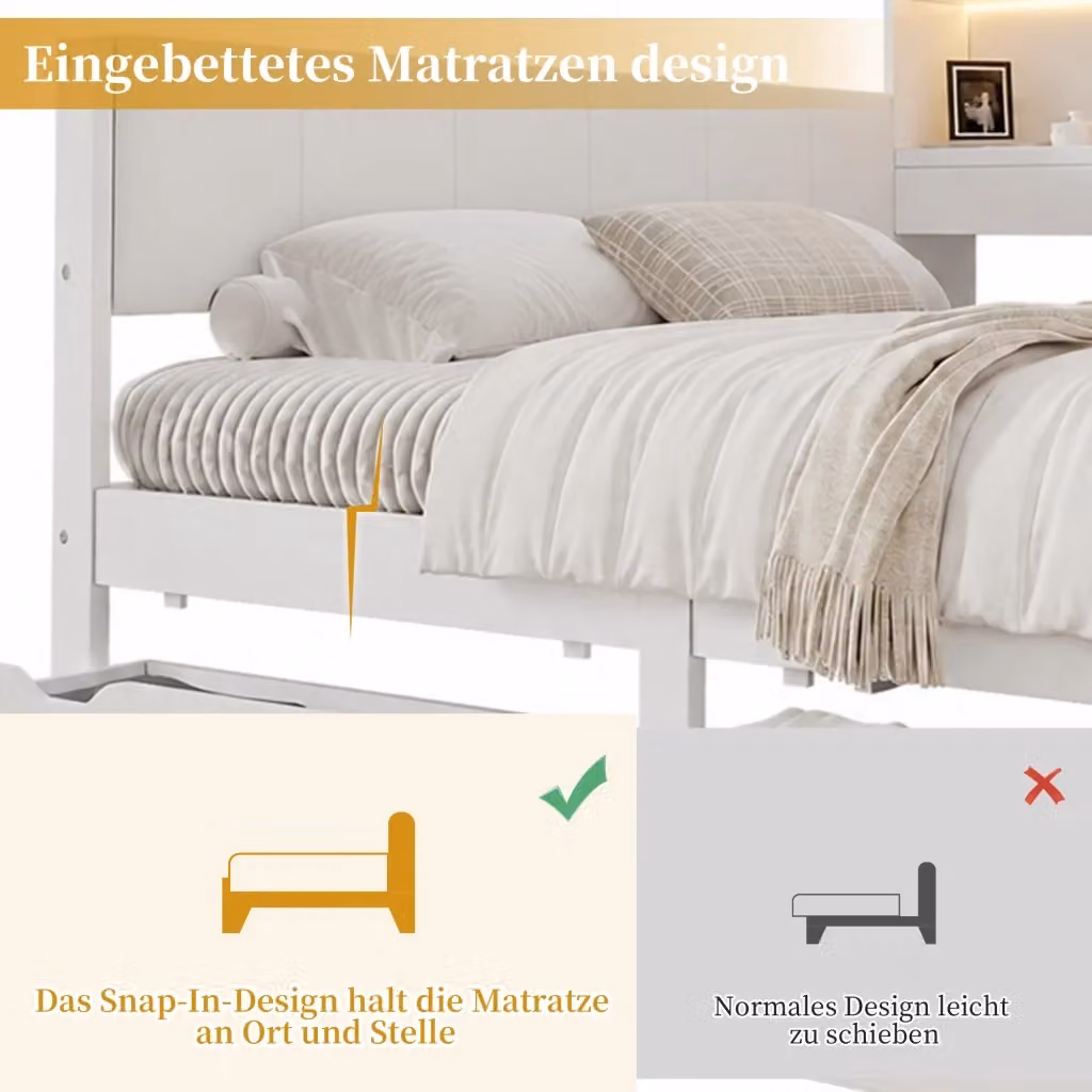 Letto moderno REDOM bianco con illuminazione LED, porte USB, cassetti e ripiani, L/P: 140 x 200 cm – 2