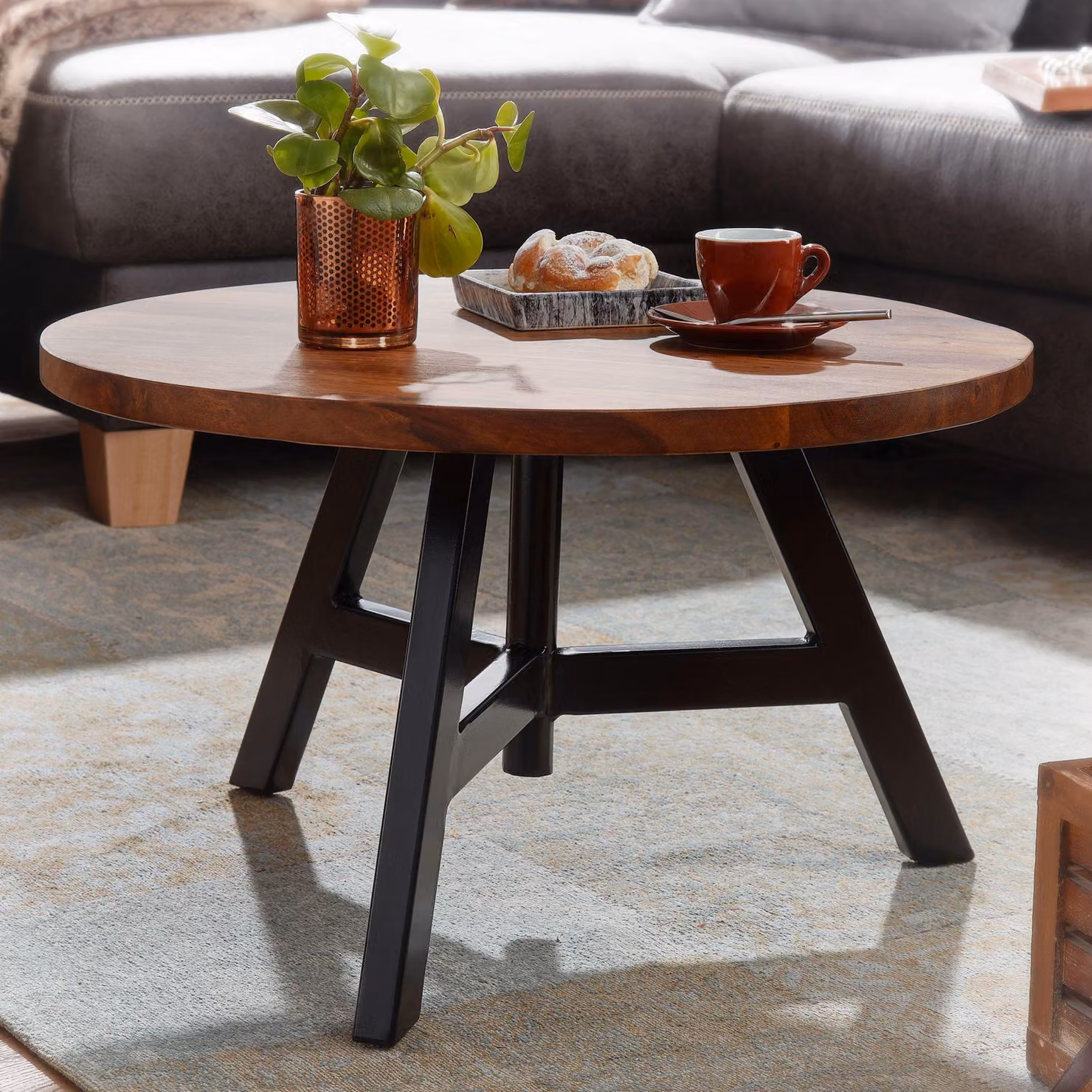 FineBuy Tavolino in legno massiccio Sheesham rotondo Ø 60 cm - Tavolo da soggiorno con struttura in metallo dal design industriale - Tavolo in legno fatto a mano moderno e robusto