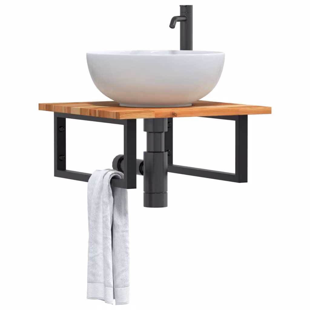Ripiano a parete per lavabo vidaXL in legno di acacia oliato e metallo nero e marrone