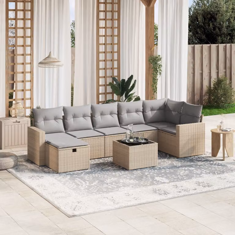 vidaXL Set Divano da Giardino a L 8 pz con Cuscini Beige e Grigio in Polyrattan e Acciaio con Tavolino e Pouf