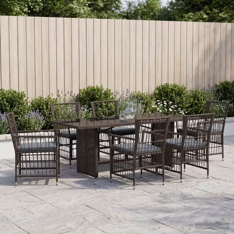 Set da pranzo per esterni vidaXL in polyrattan nero e grigio con tavolo in vetro, 7 pezzi