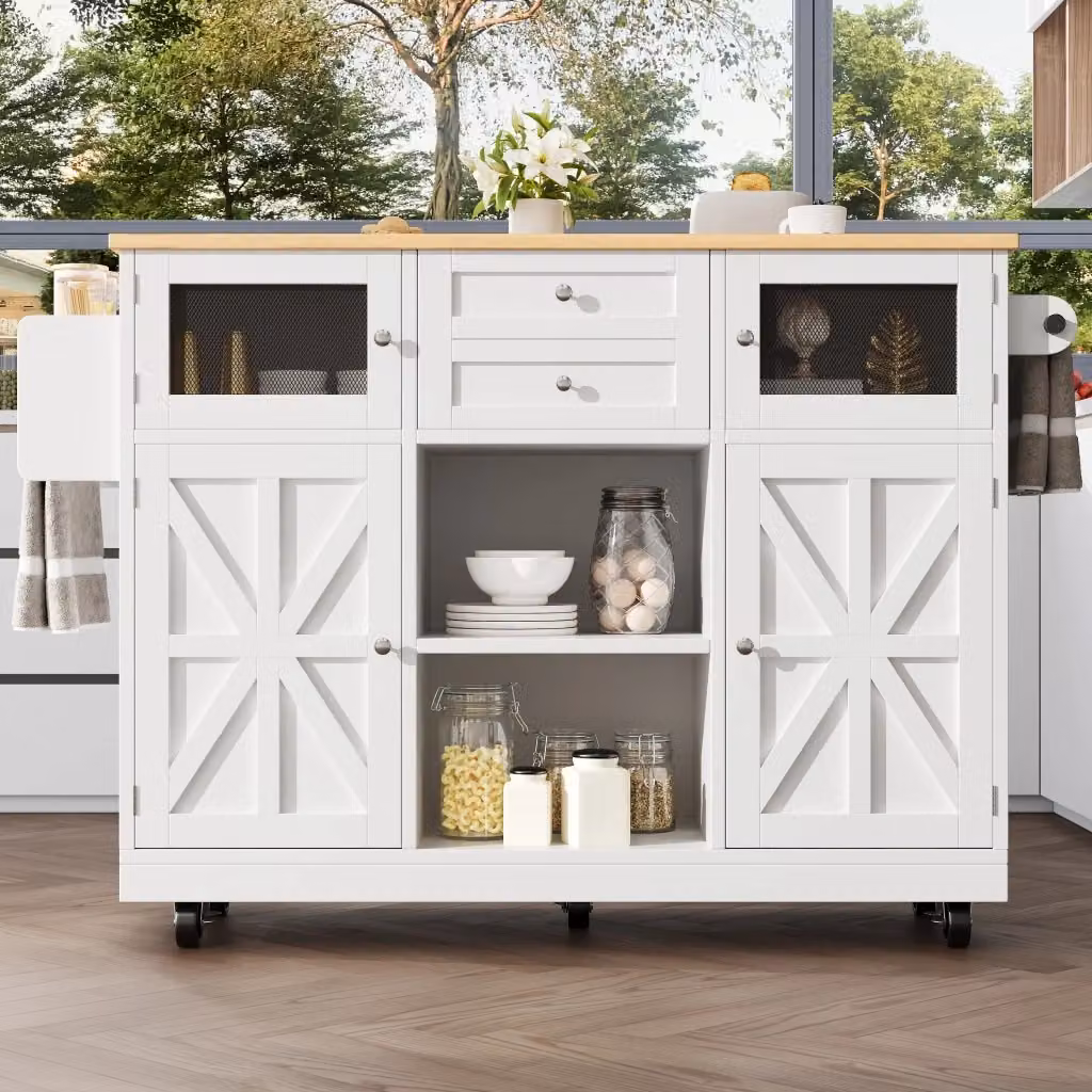 Isola da cucina mobile WISHDOR con piano allungabile, cassetti e ruote piroettanti, bianco, L: 140,0 cm, P: 70,0 cm, H: 93,5 cm – 2