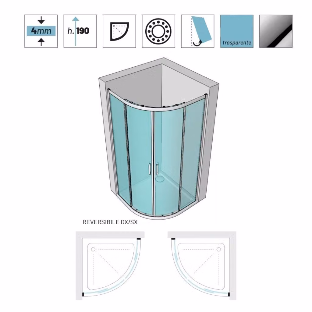 Ogomondo Box Doccia Semicircolare con Ante Scorrevoli in Cristallo Temprato Trasparente L/P/H: 90 x 90 x 190 cm – 2