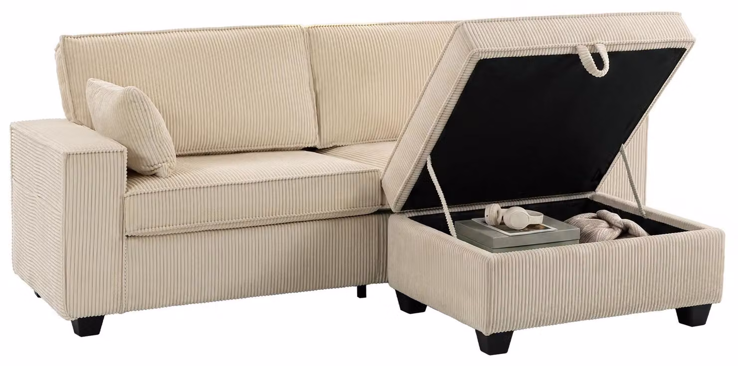 Divano ad angolo - Divano a forma di L - 216 x 151 x 94 cm - Reversibile - Panca con spazio contenitore - Tessuto a coste - Beige