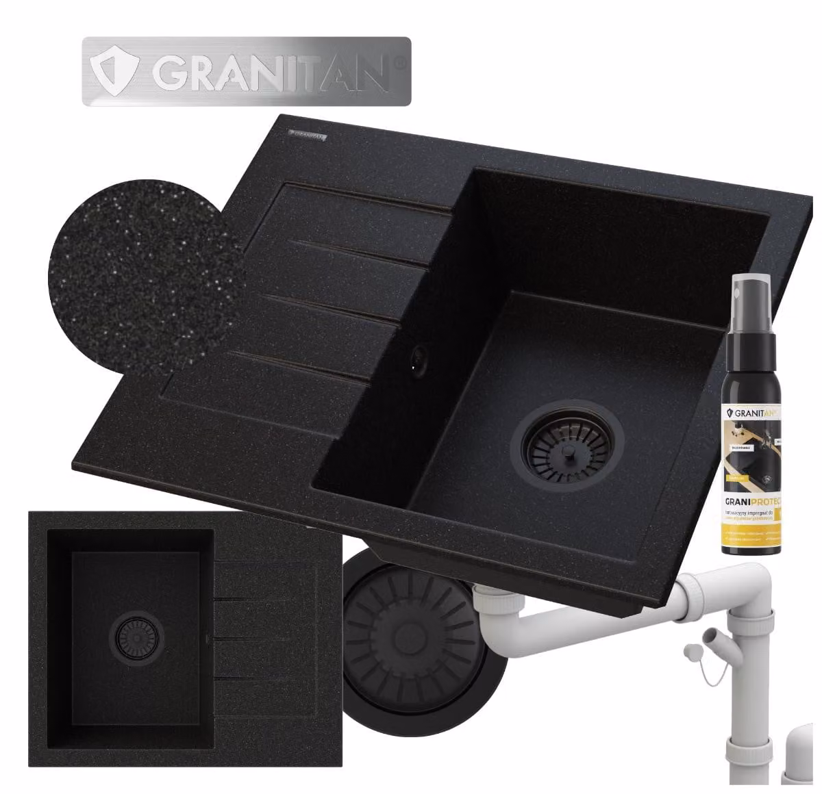 Granitan - Lavello in granito - Lavello da cucina - Lavello 57x46 cm - Nero - con sifone e scolapiatti - MILANO