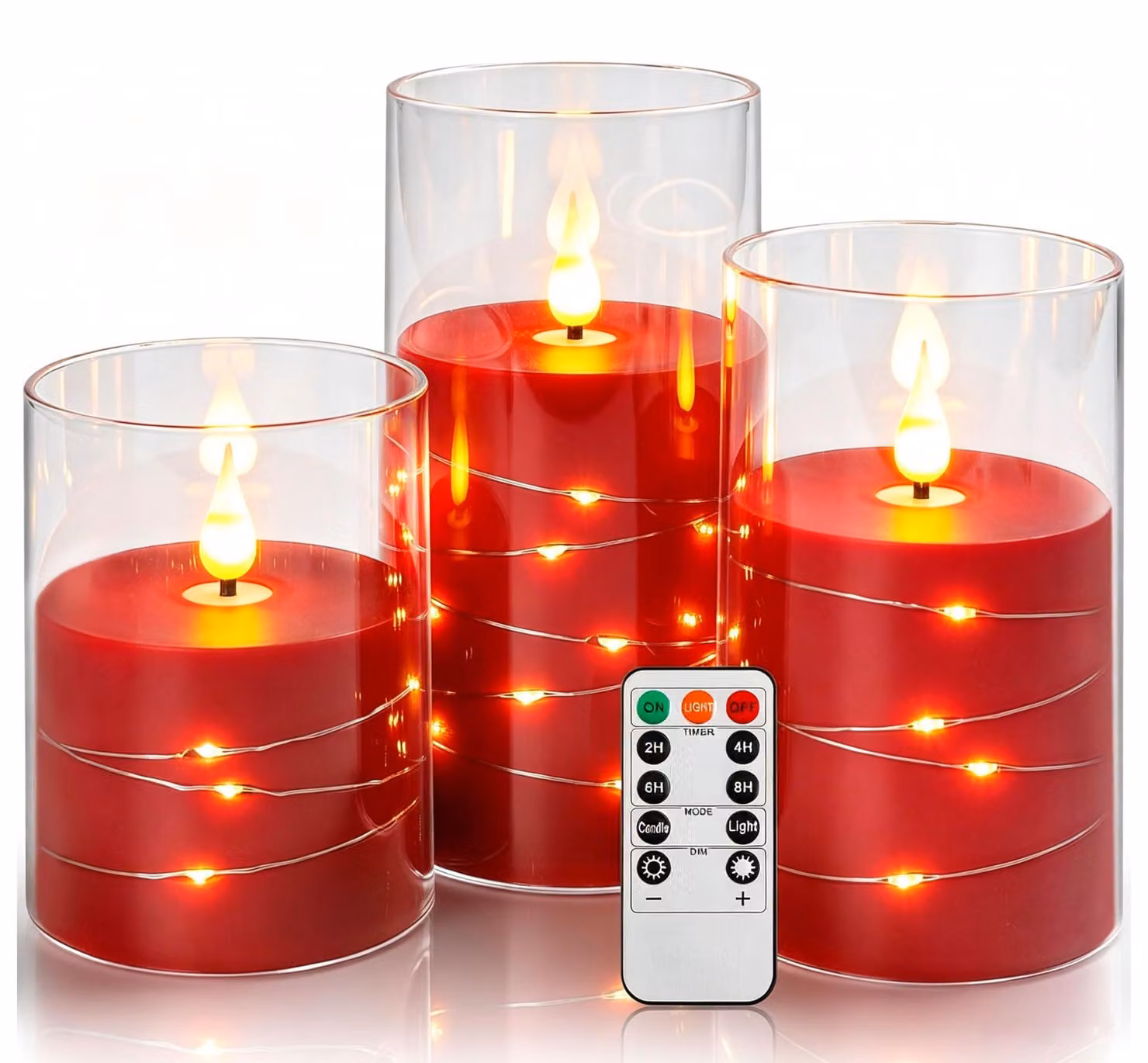 Set di 3 candele LED, colore rosso, dimensioni 10/13/15 cm, con telecomando