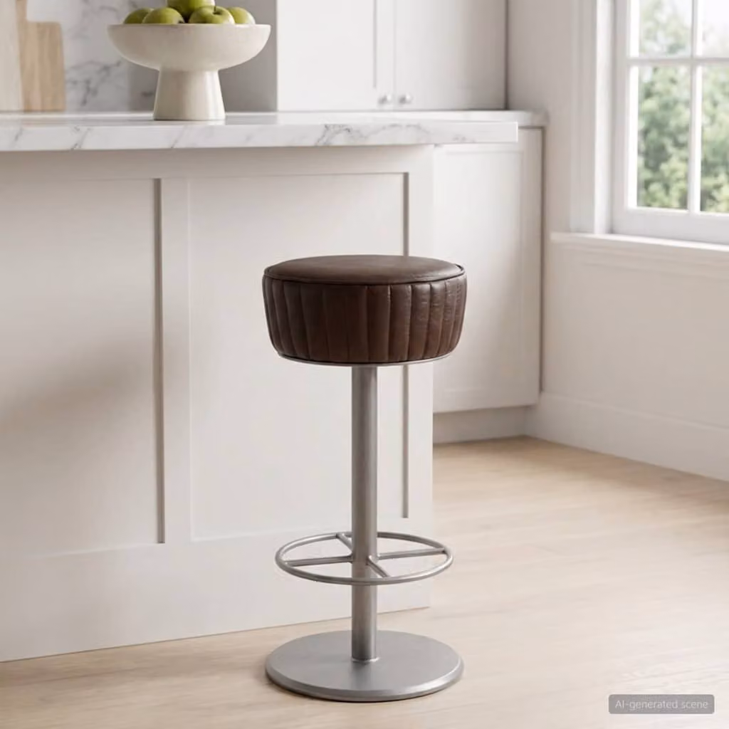 Sgabello da Bar vidaXL in Vera Pelle Marrone Anticato con Struttura in Metallo L: 37 cm, P: 37 cm, H: 76 cm