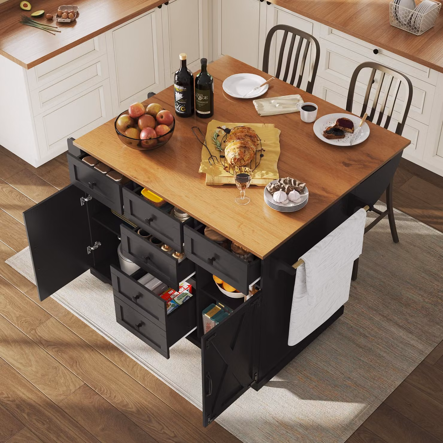 MODFU Isola da cucina, buffet in pannelli di MDF, carrello di servizio con decorazioni in metallo, mobile da cucina con cerniere in metallo, nero