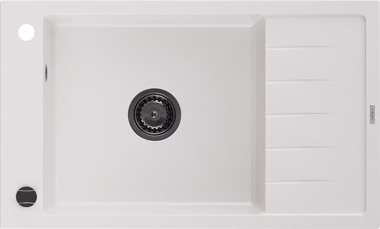 Mexen Elias lavello in granito 1-vasca con gocciolatoio 795 x 480 mm, bianco, sifone nero - 6511791005-20-B