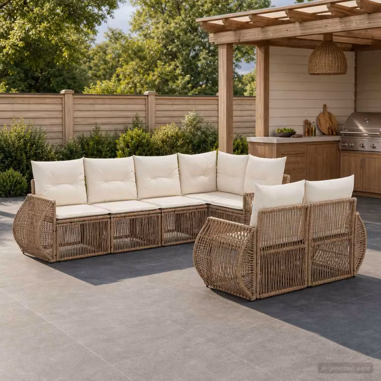 Set Divano da Giardino vidaXL a 7 posti in Forma a U con Cuscini, Colore Beige e Bianco