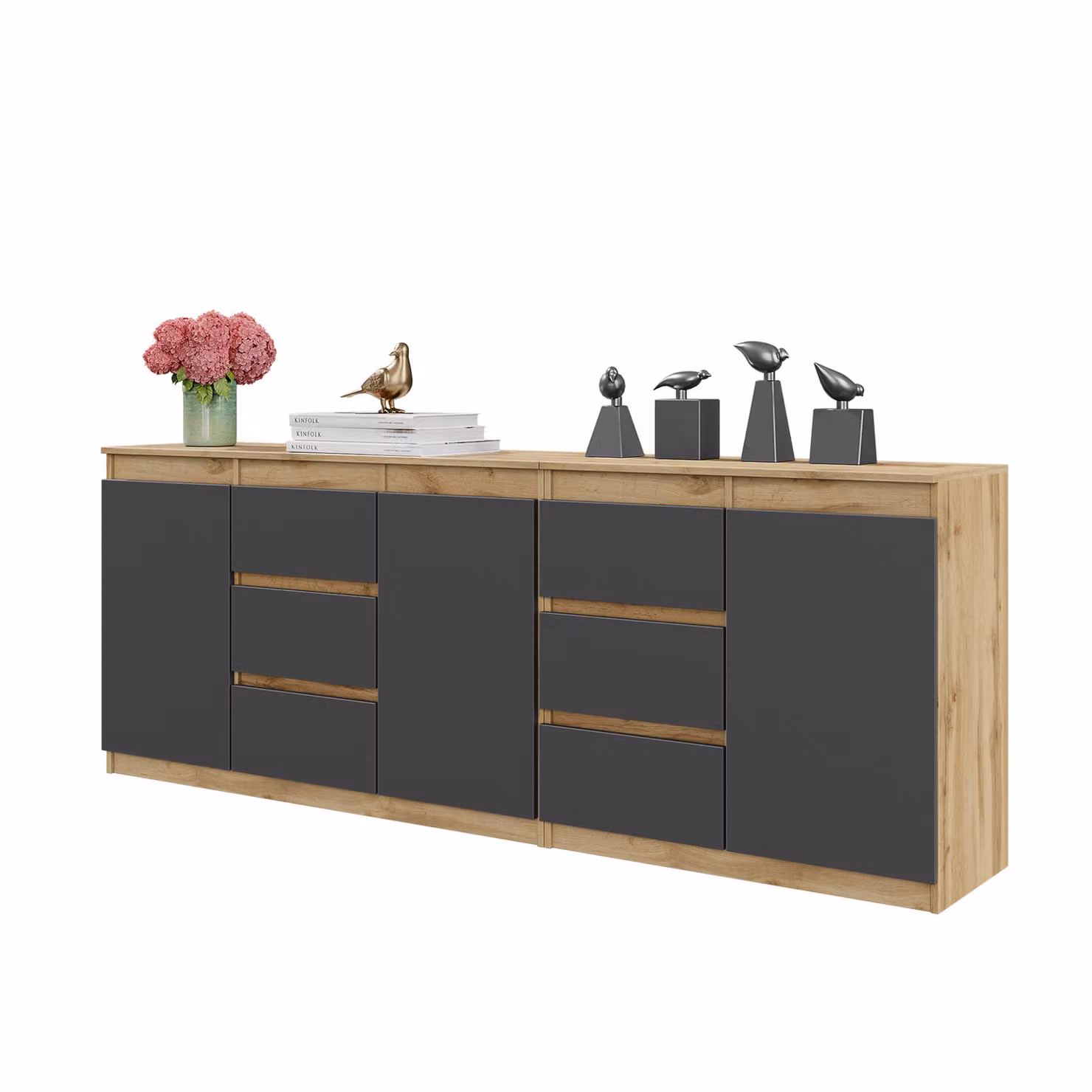 MIKEL - Cassettiera con 6 cassetti e 3 ante - Cassettiera per camera da letto Credenza - Rovere Wotan / antracite H75cm L200cm P35cm