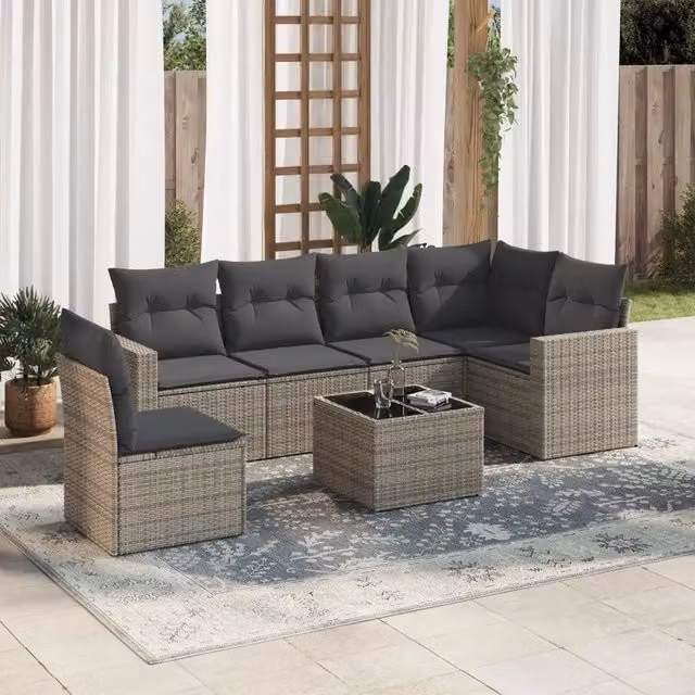 Set Divani da Giardino 7 pz con Cuscini Grigio in Polyrattan 3219030