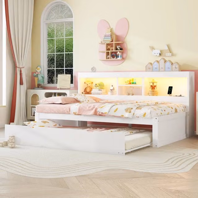 Letto singolo REDOM per bambini in legno MDF bianco con illuminazione sottostante, porta USB, mensola e luce da lettura integrata, L/P: 90 x 200 cm