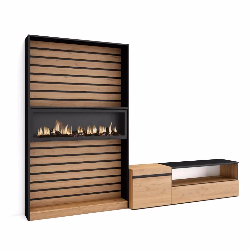 Mobile TV da soggiorno Skraut Home con camino elettrico e illuminazione integrata, Rovere e Nero, L: 260 cm, P: 35 cm, H: 186 cm – 2