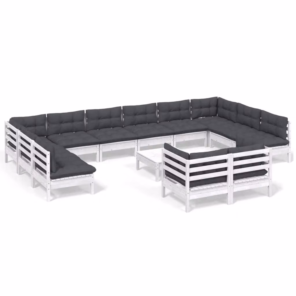 Set Divani da Giardino 13 pz con Cuscini Bianchi Legno di Pino