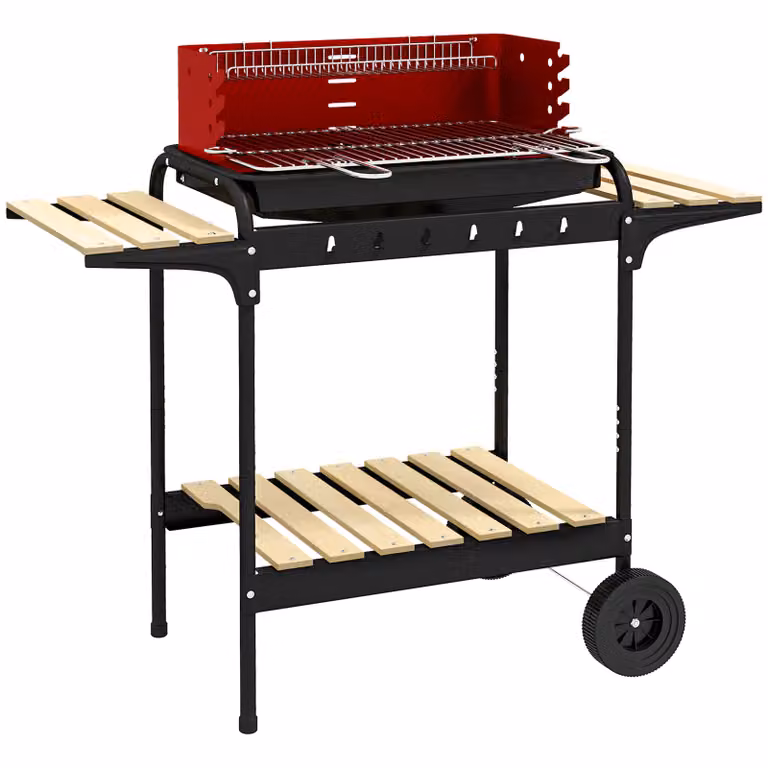 Outsunny griglia a carbone in metallo BBQ smoker con ruote, griglia regolabile in altezza, rastrelliera per legna, carrello mobile per barbecue a carbone, griglia a carbone per barbeque in campeggio, terrazza, 103x47x95 cm