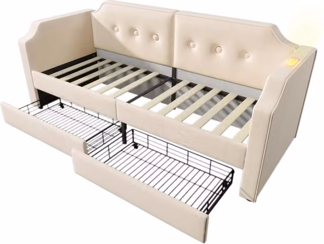 Letto imbottito 90x200 cm con USB Type-C, luce da lettura, 2 cassetti contenitori, struttura in legno e velluto beige, senza materasso