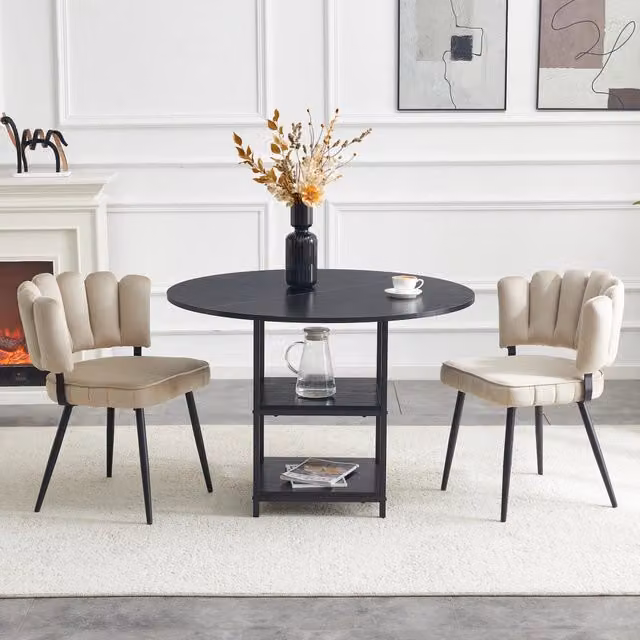 Set tavolo e sedie: tavolo rotondo 107 cm con doppio ripiano + 2 sedie marrone chiaro con schienale in tessuto a fiore, stile industriale per piccoli spazi