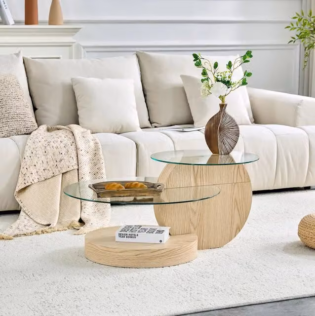 Tavolino da salotto ULEVR a 2 livelli con vetro di sicurezza, MDF effetto legno chiaro, piani ? 50 e 70 cm