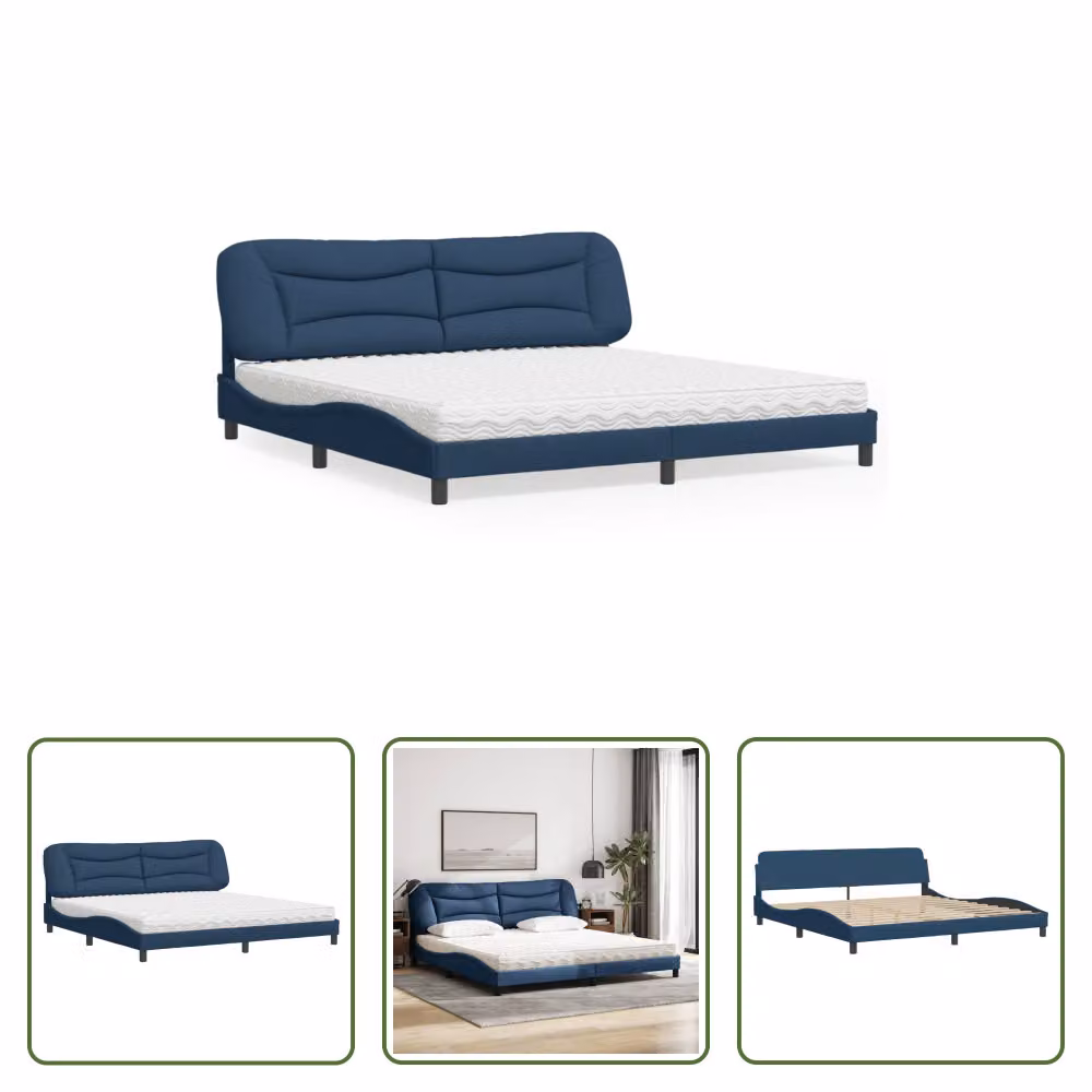 The Living Store Letto con materasso blu 200x200 cm in tessuto
