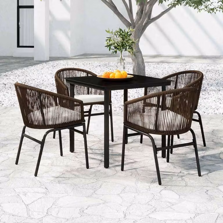 Set da giardino vidaXL composto da 5 pezzi in stile moderno con tavolo quadrato in vetro e sedie marroni in acciaio verniciato a polvere