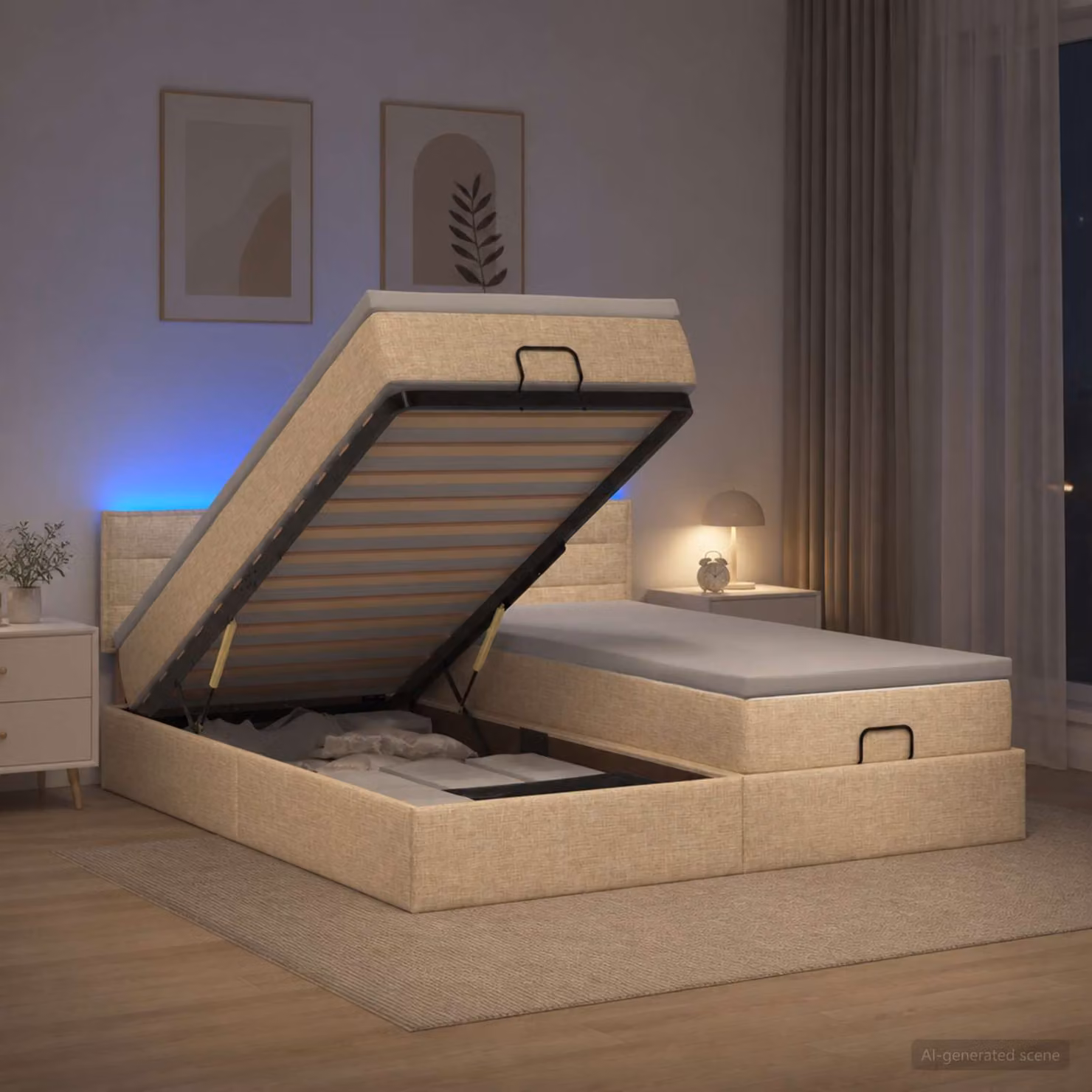 Letto Ottomano con Materasso e Illuminazione LED vidaXL, Colore Beige, L/P/H: 200 x 200 x 88 cm