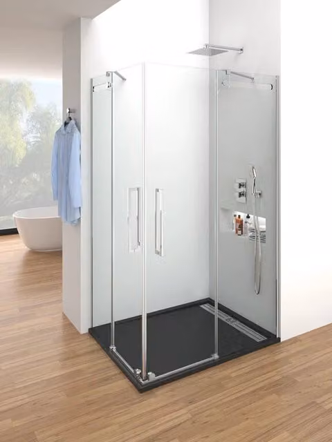 Box doccia angolare VETRUM con apertura al vertice e scorrimento, trasparente, in acciaio inox lucido, L/P: 145 x 70 cm