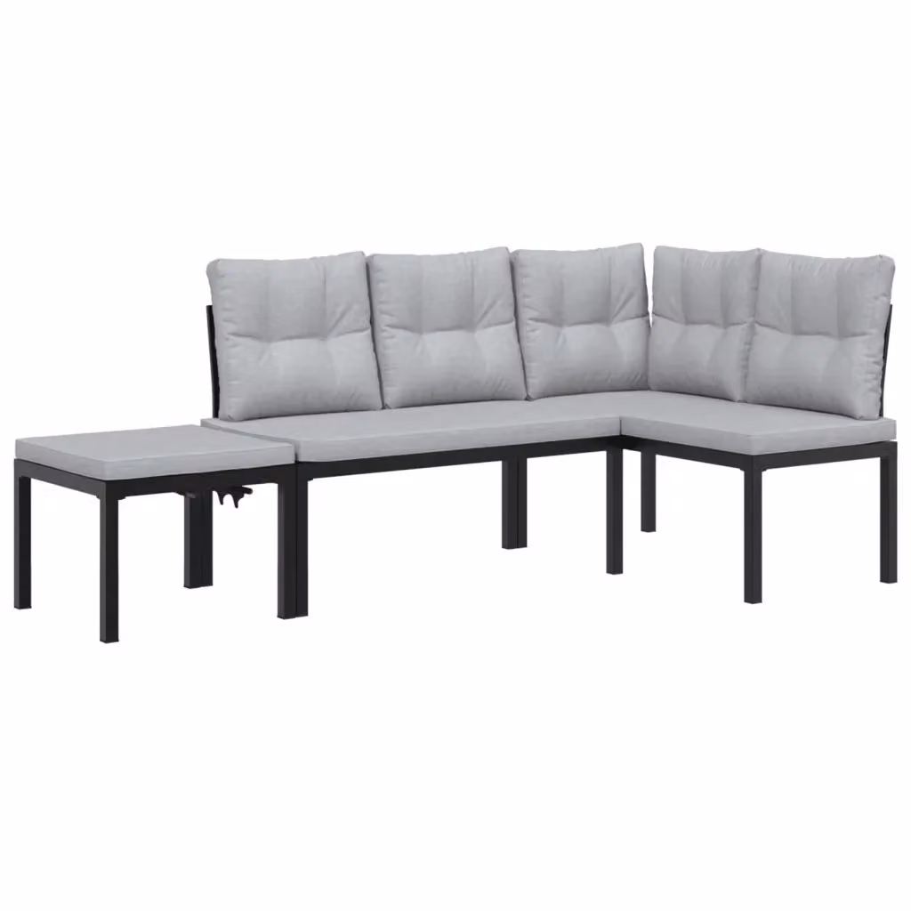 Set di Panche da Giardino e Terrazzo vidaXL con 3 Cuscini in Tessuto, Acciaio Verniciato Nero e Grigio, Design Moderno – 2