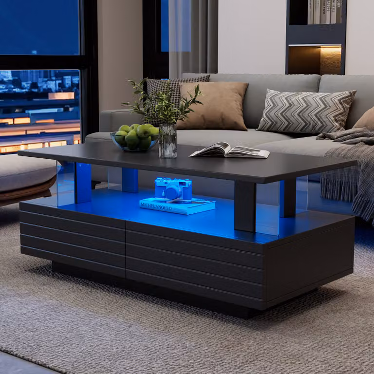 MODFU Tavolino da divano LED nero con oltre 60.000 colori e controllo tramite app/telecomando, tavolino rettangolare per soggiorno con 2 cassetti, dimensioni 100×50×42,5 cm
