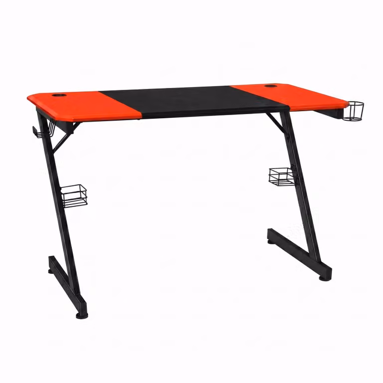 COSTWAY Scrivania da gioco a forma di Z, scrivania per computer, scrivania per PC con portabicchieri, ganci per cuffie e supporti per altoparlanti, scrivania 120x60x77cm, rosso nero
