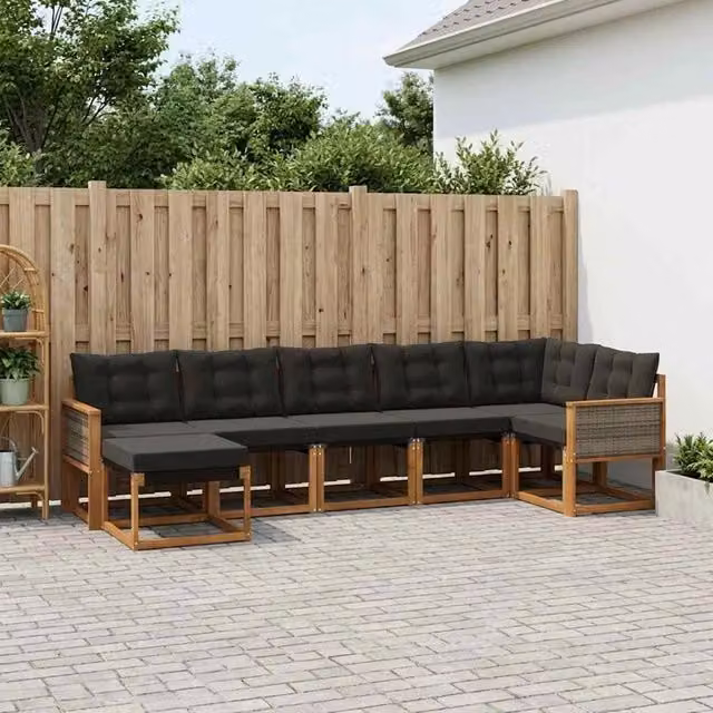 Set di divani da esterno vidaXL a forma di U composto da 7 pezzi in legno di acacia con cuscini, colore marrone e nero