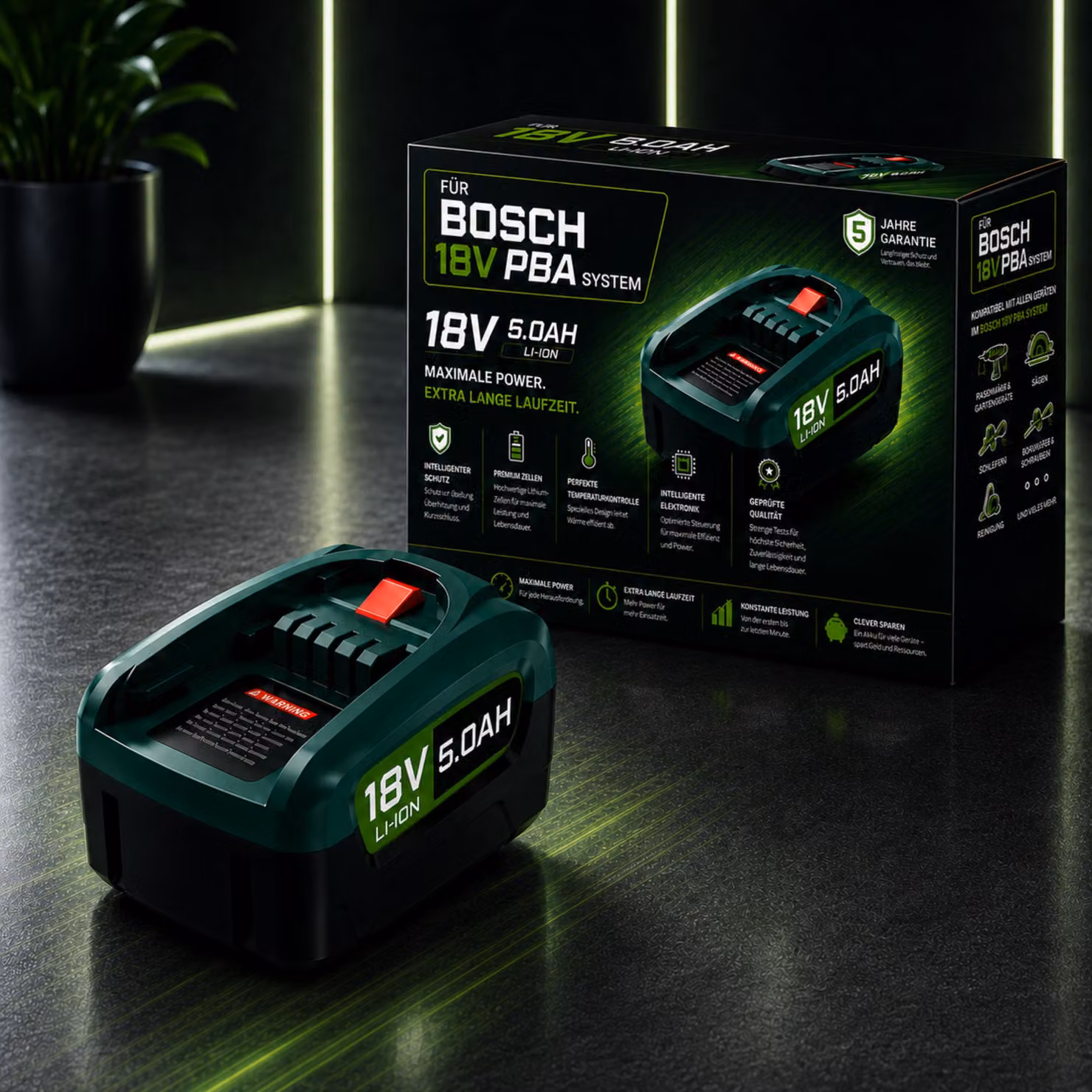 Batteria PowerPlus da 18 V e 5,0 Ah compatibile con il sistema Bosch Home & Garden PBA, PSB e PSR – Batteria agli ioni di litio ad alte prestazioni con indicatore LED – Batteria di ricambio per Gloria ecc.