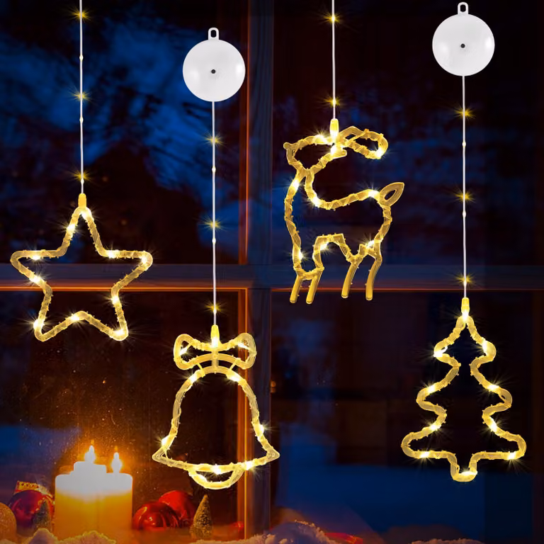 Set di 4 decorazioni natalizie per finestre, con 13 LED, luce bianco caldo, alimentate a batteria