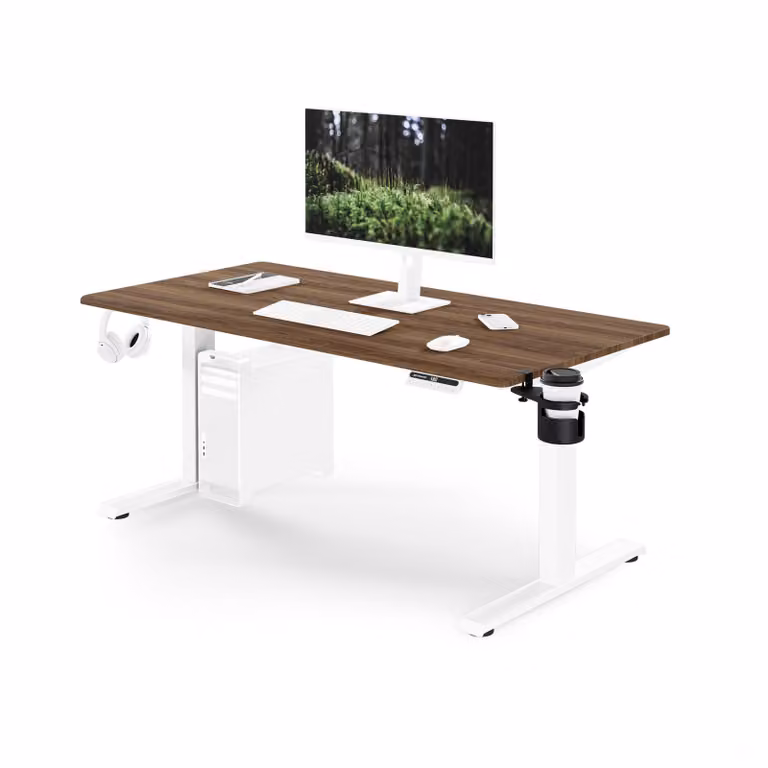 Scrivania ergonomica, regolabile in altezza, bianca/noce: 140 x 70 cm: ARIA
