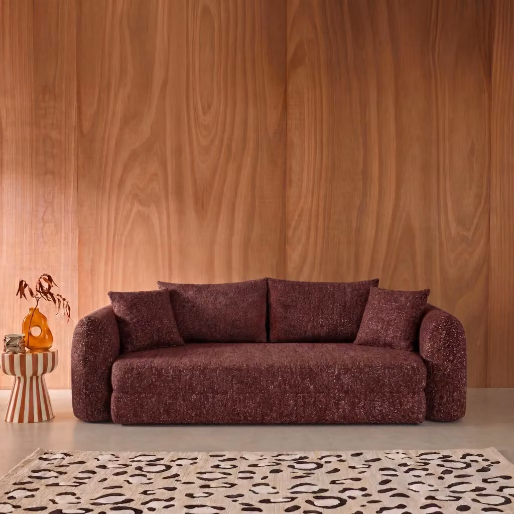 Divano letto moderno Sweeetch a 3 posti in tessuto bouclé rosso con coperture rimovibili e cuscini inclusi, L: 243 cm, P: 83 cm, H: 112 cm – 2