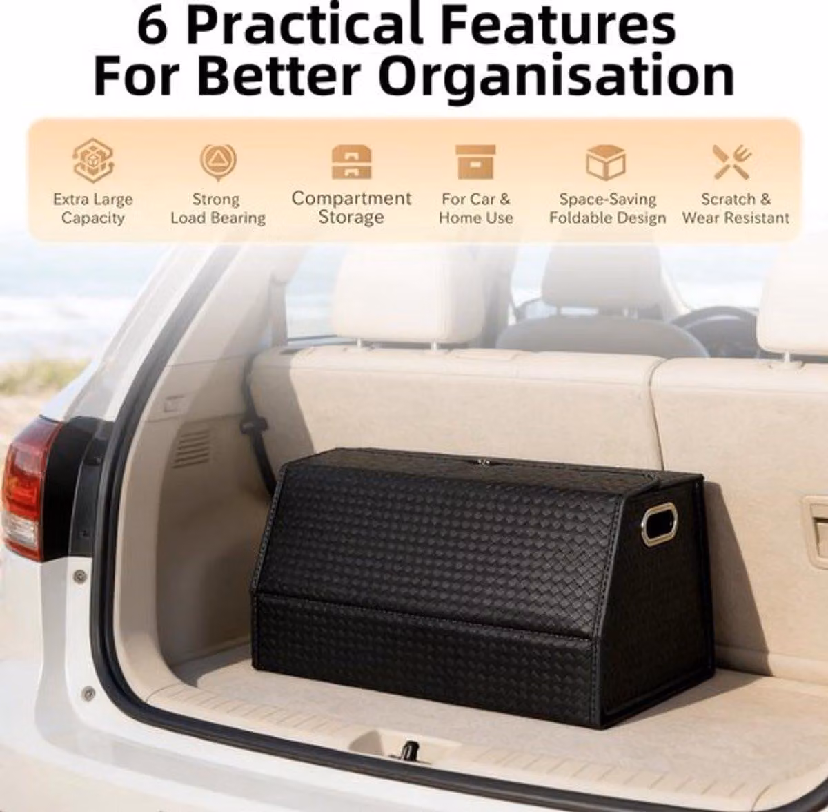 Contenitore con coperchio - Organizer per auto antiscivolo - Realizzato in ecopelle impermeabile - Con divisorio interno - Ampia capacità