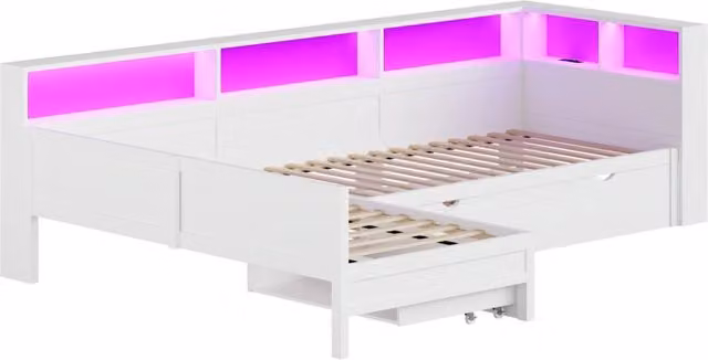 Letto a piattaforma ad angolo a L in legno 90x200 cm con letto estraibile e cassetto, bianco