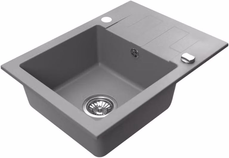 VBChome Lavello in granito 59 x 44 cm Grigio Lavello a una vasca da incasso Reversibile Speckled Lavello di facile manutenzione con sifone Ideale per piccole cucine