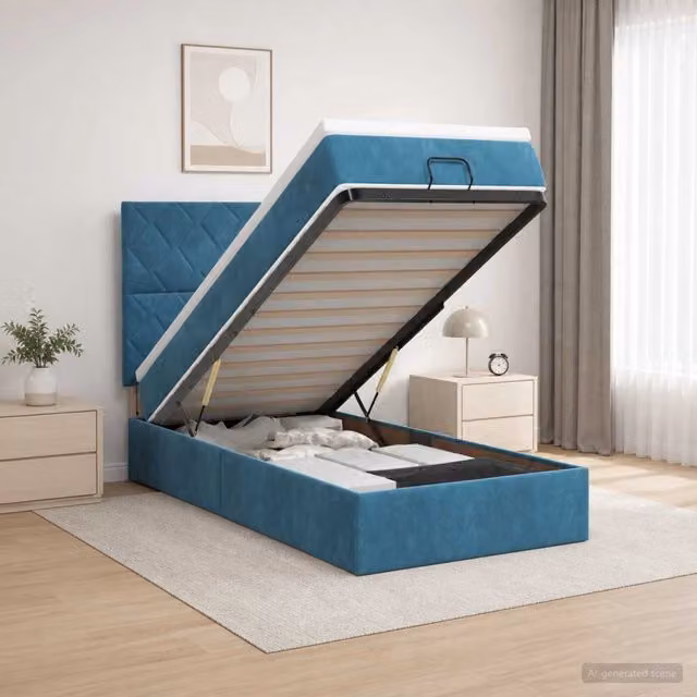 Letto ottomano con materasso vidaXL in velluto blu e bianco con base a sollevamento L/P/H: 128 x 90 x 193 cm – 1
