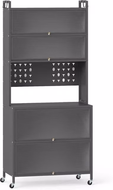 Armadio cucina 6 livelli buffet credenza, Porte ribalta supporto microonde pannello forato ganci Grigio