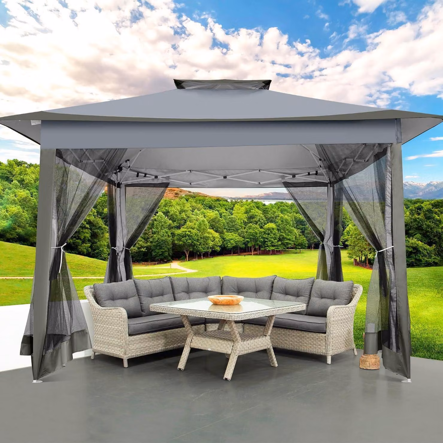Gazebo pop-up 3x3 metri, impermeabile, con zanzariera e pareti laterali, colore grigio scuro, dimensioni totali 3,65x3,65 metri