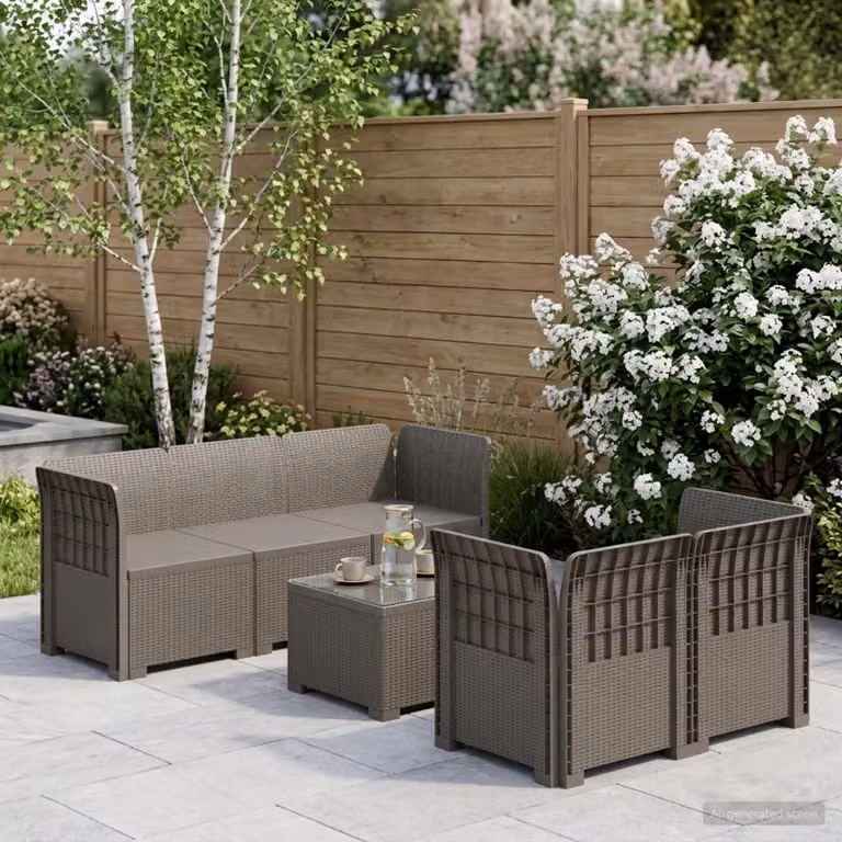 Set da giardino vidaXL a forma di L con divano da 5 posti, tavolo da caffè e cuscini in polyrattan grigio