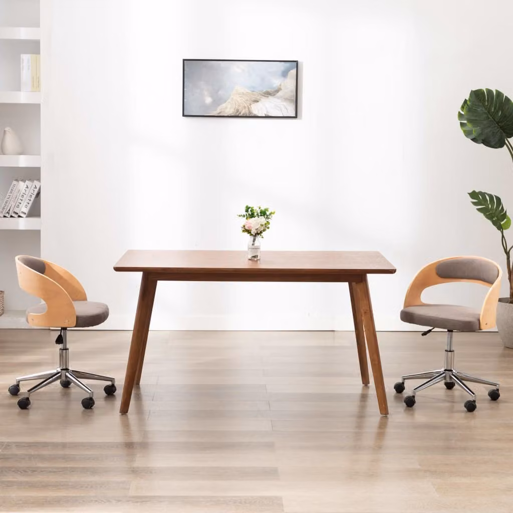 The Living Store Sedia da ufficio girevole in legno curvato e tessuto taupe