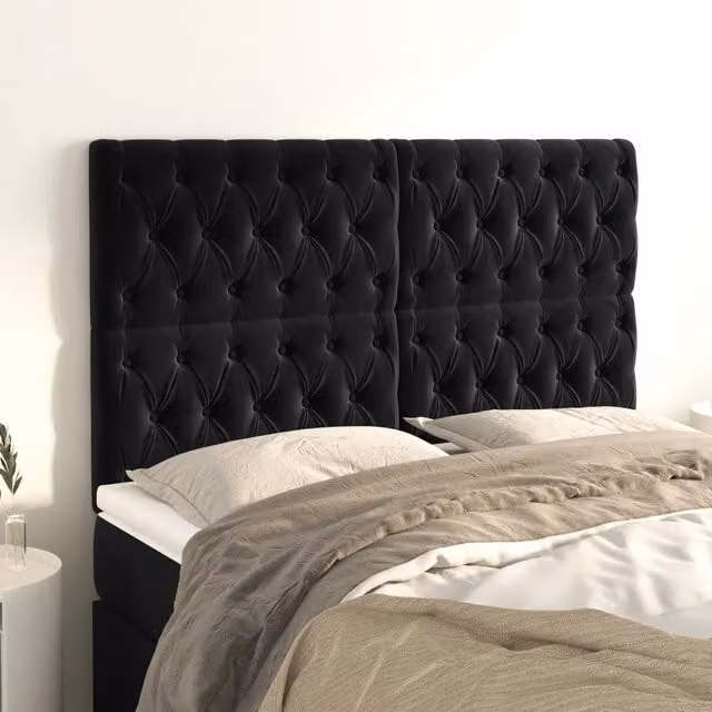 Testiera per letto vidaXL in velluto nero con struttura in legno e MDF, L: 160 cm, P: 7 cm, H: 118-128 cm – 1