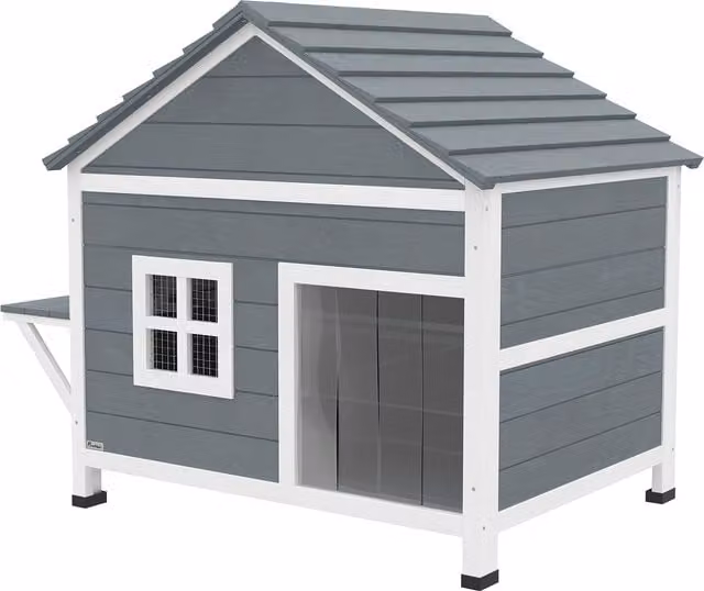 Casa per gatti in legno PawHut a 2 piani con tetto impermeabile apribile e piattaforma laterale, Grigio, L: 101 cm, P: 72,5 cm, H: 81 cm – 1