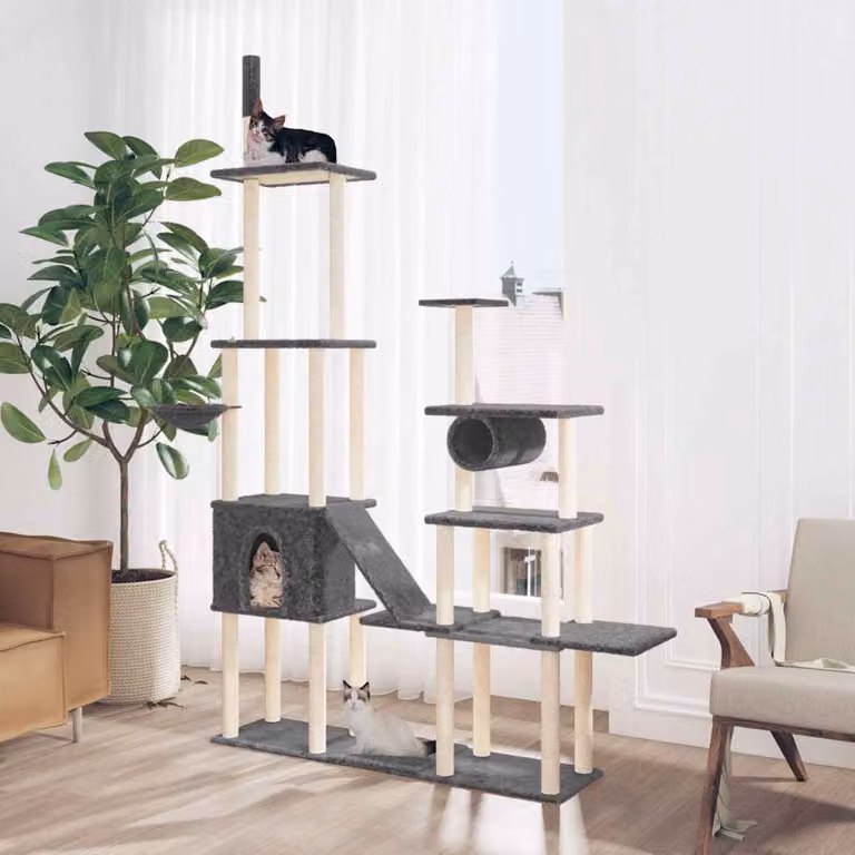 Albero per gatti vidaXL con tiragraffi in sisal e amaca, colore grigio, Altezza: 279 cm