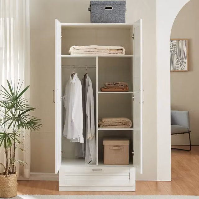 Armadio Guardaroba Finning con Ante a Persiana e Cassetto 176 x 80 x 52 cm Bianco [en.casa]